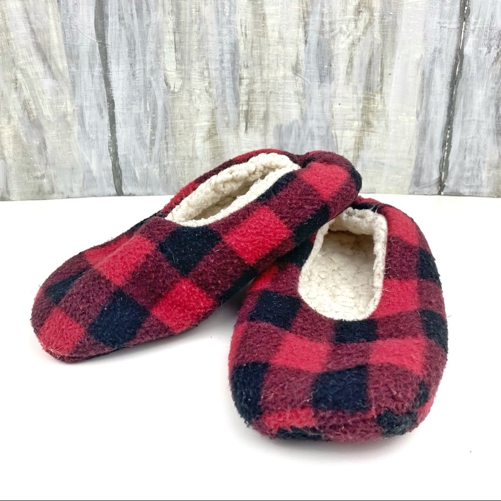 Buffalo Check Plaid Flannel Slippers Sherpa-Lined Rubber Grip Bottom House Shoe